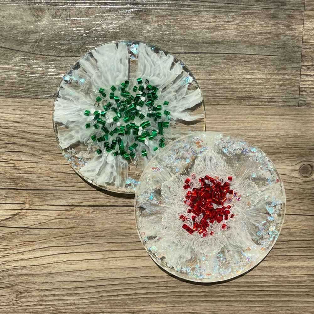 “Tinsel” Red & Green Handmade Epoxy Resin Coasters